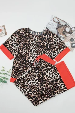 Online Dear-Lover Animal Print Color Contrast Edge Loose Fit Pants Set Brown
