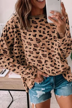 Hot Dear-Lover Animal Print Stitching Loose Long Sleeve Top Brown