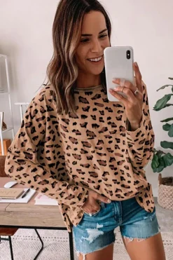 Hot Dear-Lover Animal Print Stitching Loose Long Sleeve Top Brown