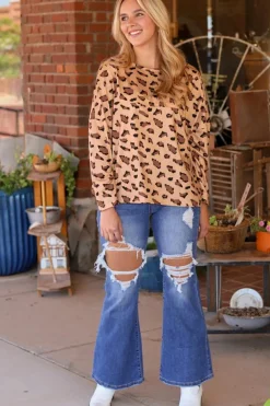 Hot Dear-Lover Animal Print Stitching Loose Long Sleeve Top Brown