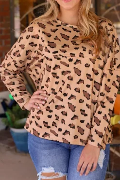 Hot Dear-Lover Animal Print Stitching Loose Long Sleeve Top Brown