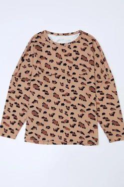 Hot Dear-Lover Animal Print Stitching Loose Long Sleeve Top Brown