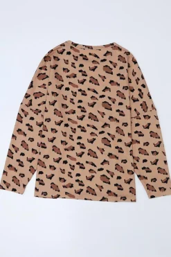 Hot Dear-Lover Animal Print Stitching Loose Long Sleeve Top Brown