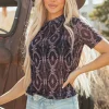New Dear-Lover Aztec Print Mock Neck Short Sleeve Mesh T Shirt Brown