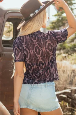 New Dear-Lover Aztec Print Mock Neck Short Sleeve Mesh T Shirt Brown