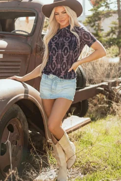 New Dear-Lover Aztec Print Mock Neck Short Sleeve Mesh T Shirt Brown