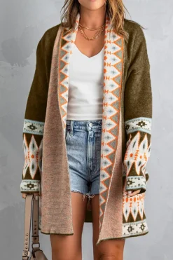 Outlet Dear-Lover Aztec Print Open Front Knitted Cardigan Brown