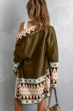 Outlet Dear-Lover Aztec Print Open Front Knitted Cardigan Brown