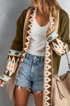 Outlet Dear-Lover Aztec Print Open Front Knitted Cardigan Brown
