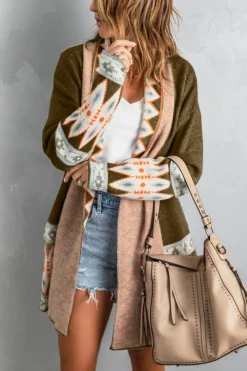 Outlet Dear-Lover Aztec Print Open Front Knitted Cardigan Brown