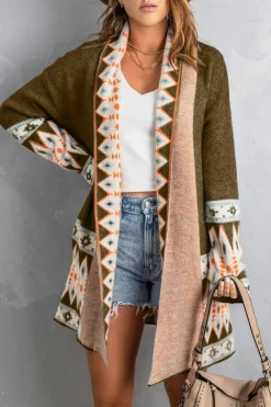Outlet Dear-Lover Aztec Print Open Front Knitted Cardigan Brown