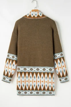 Outlet Dear-Lover Aztec Print Open Front Knitted Cardigan Brown