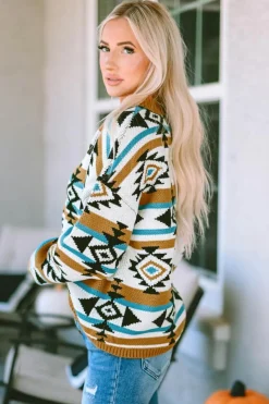 Sale Dear-Lover Aztec Striped Knit Ribbed Trim Sweater Brown