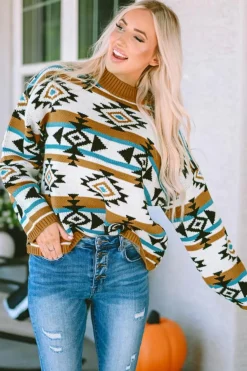 Sale Dear-Lover Aztec Striped Knit Ribbed Trim Sweater Brown