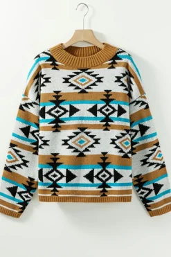 Sale Dear-Lover Aztec Striped Knit Ribbed Trim Sweater Brown