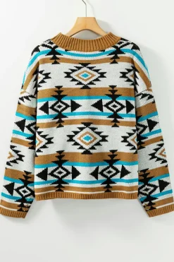 Sale Dear-Lover Aztec Striped Knit Ribbed Trim Sweater Brown