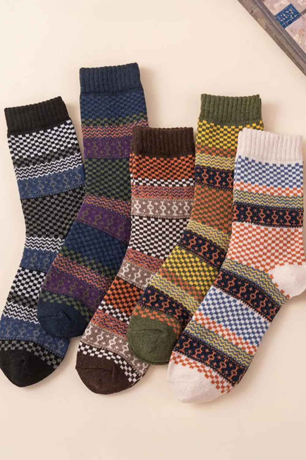 Best Dear-Lover Boho Checkered Pattern Soft Crew Socks Set Brown