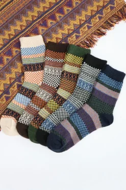 Best Dear-Lover Boho Checkered Pattern Soft Crew Socks Set Brown