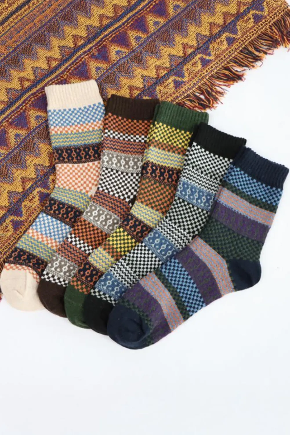 Best Dear-Lover Boho Checkered Pattern Soft Crew Socks Set Brown