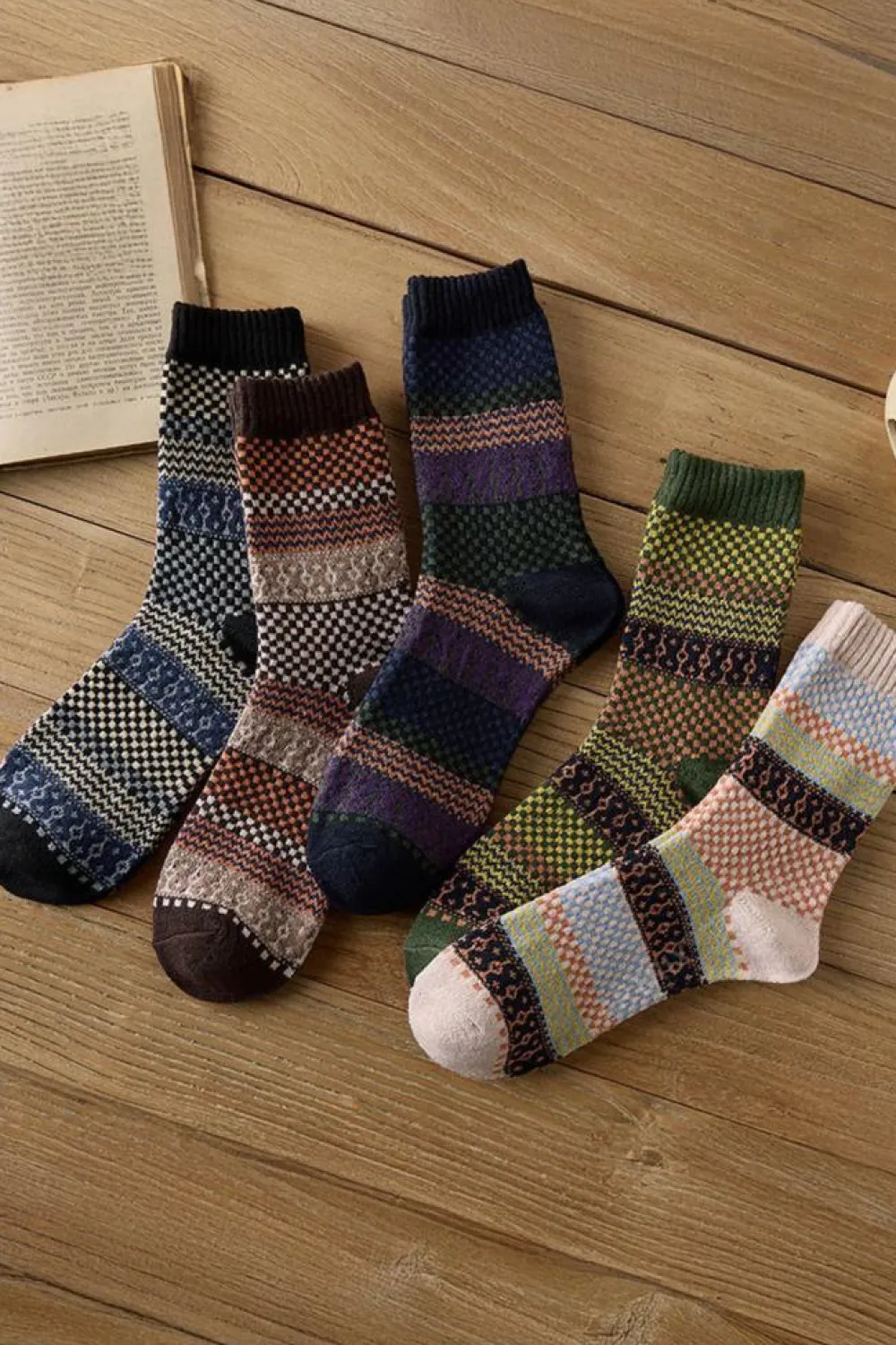 Best Dear-Lover Boho Checkered Pattern Soft Crew Socks Set Brown