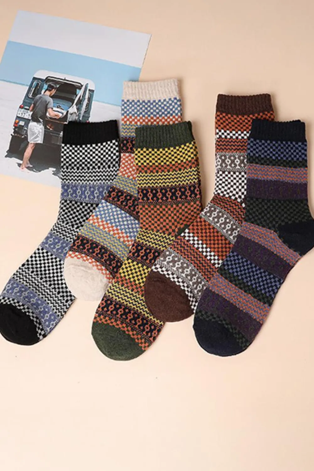 Best Dear-Lover Boho Checkered Pattern Soft Crew Socks Set Brown