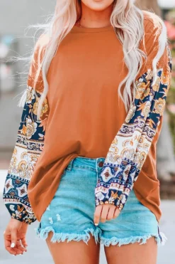 New Dear-Lover Boho Floral Print Balloon Sleeve Top with Lace Details Brown