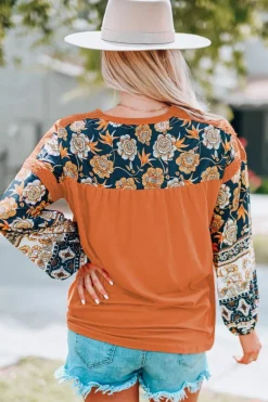 New Dear-Lover Boho Floral Print Balloon Sleeve Top with Lace Details Brown