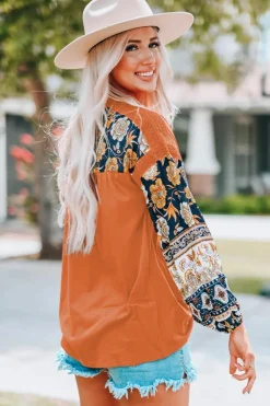 New Dear-Lover Boho Floral Print Balloon Sleeve Top with Lace Details Brown
