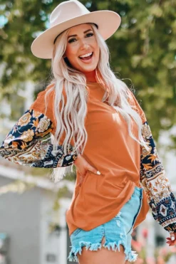 New Dear-Lover Boho Floral Print Balloon Sleeve Top with Lace Details Brown