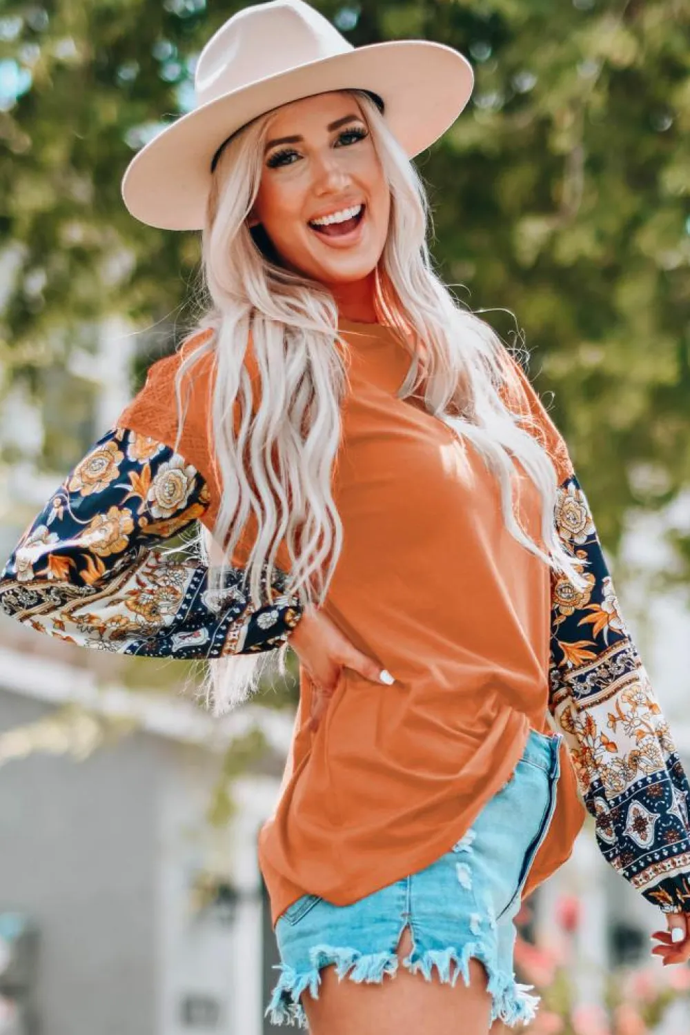 New Dear-Lover Boho Floral Print Balloon Sleeve Top with Lace Details Brown