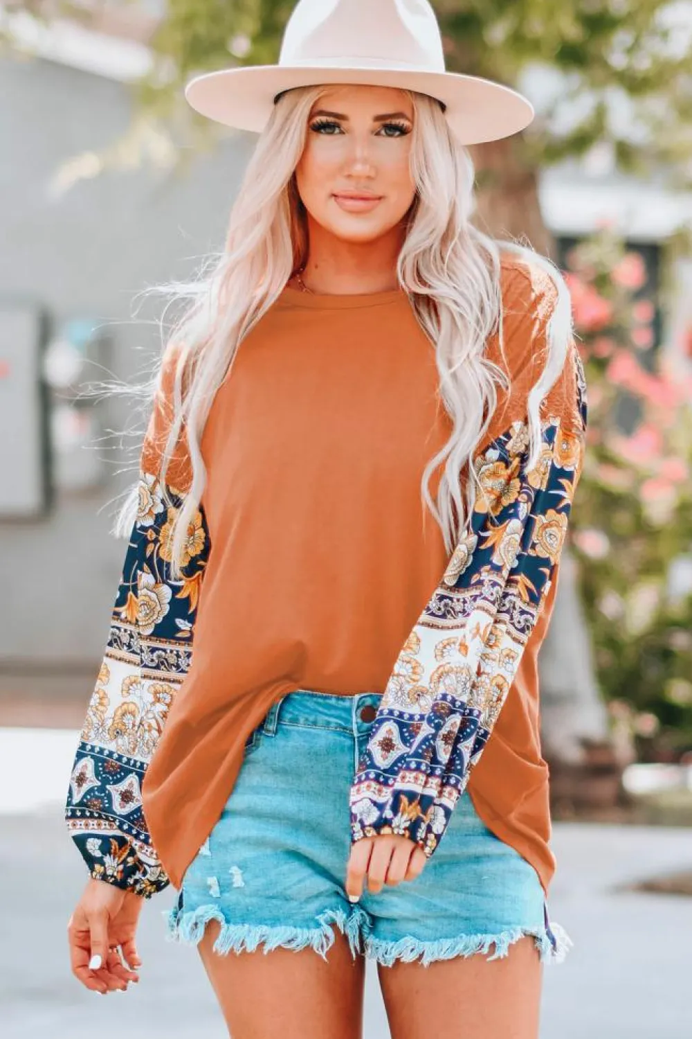 New Dear-Lover Boho Floral Print Balloon Sleeve Top with Lace Details Brown