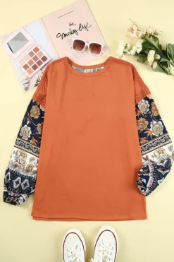 New Dear-Lover Boho Floral Print Balloon Sleeve Top with Lace Details Brown