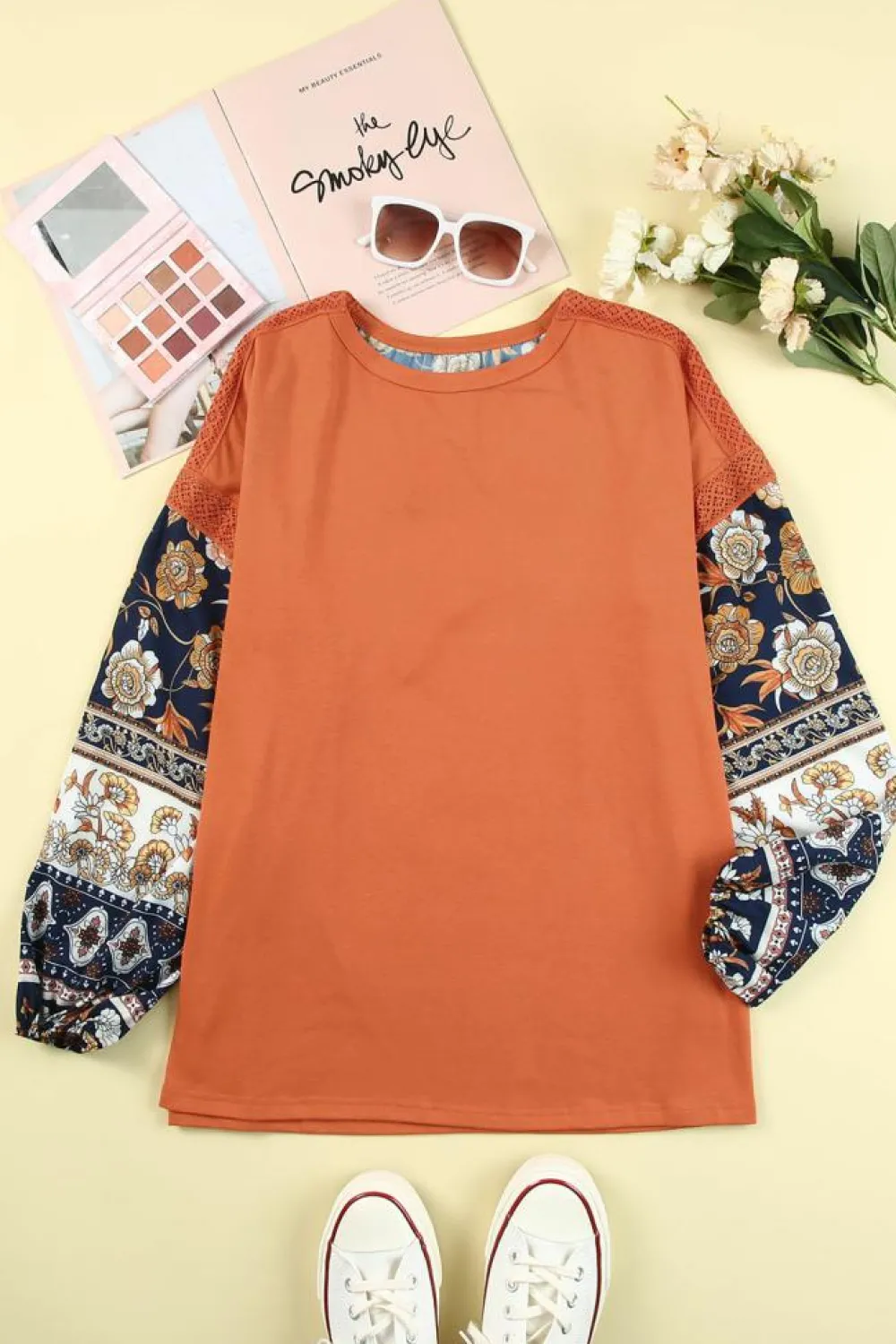New Dear-Lover Boho Floral Print Balloon Sleeve Top with Lace Details Brown