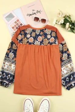 New Dear-Lover Boho Floral Print Balloon Sleeve Top with Lace Details Brown