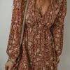 Sale Dear-Lover Boho Floral Ruffled Puff Sleeve V Neck Mini Dress Brown