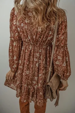 Sale Dear-Lover Boho Floral Ruffled Puff Sleeve V Neck Mini Dress Brown