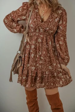 Sale Dear-Lover Boho Floral Ruffled Puff Sleeve V Neck Mini Dress Brown