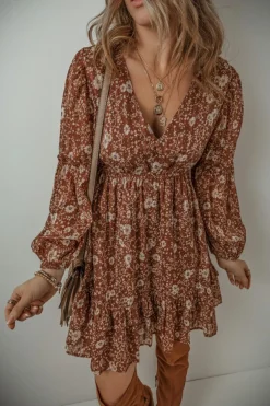 Sale Dear-Lover Boho Floral Ruffled Puff Sleeve V Neck Mini Dress Brown