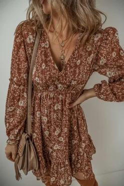 Sale Dear-Lover Boho Floral Ruffled Puff Sleeve V Neck Mini Dress Brown