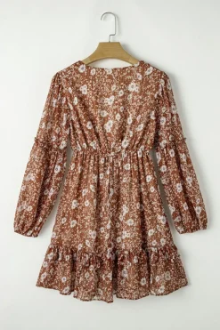 Sale Dear-Lover Boho Floral Ruffled Puff Sleeve V Neck Mini Dress Brown