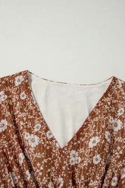 Sale Dear-Lover Boho Floral Ruffled Puff Sleeve V Neck Mini Dress Brown
