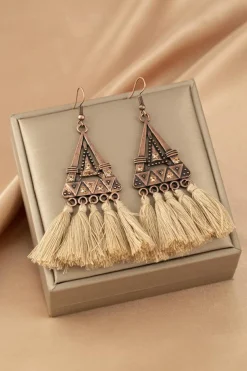 Discount Dear-Lover Boho Triangle Metal Tasseled Earrings Brown