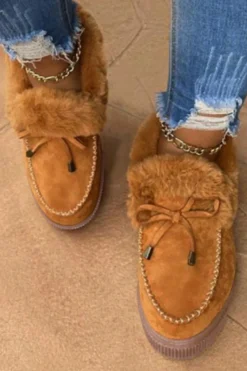 Hot Dear-Lover Bow Decor Faux Suede Plush Lined Winter Flats Brown