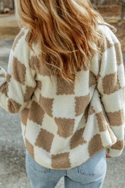 Discount Dear-Lover Checked Snap Button Sherpa Jacket Brown