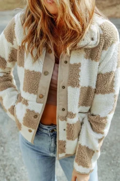 Discount Dear-Lover Checked Snap Button Sherpa Jacket Brown