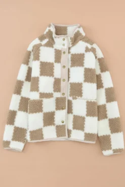 Discount Dear-Lover Checked Snap Button Sherpa Jacket Brown