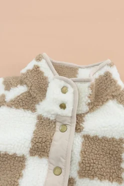 Discount Dear-Lover Checked Snap Button Sherpa Jacket Brown