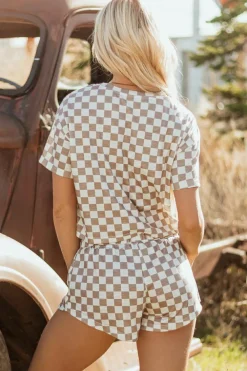 New Dear-Lover Checkerboard T Shirt and High Waist Skorts 2 Piece Outfit Brown