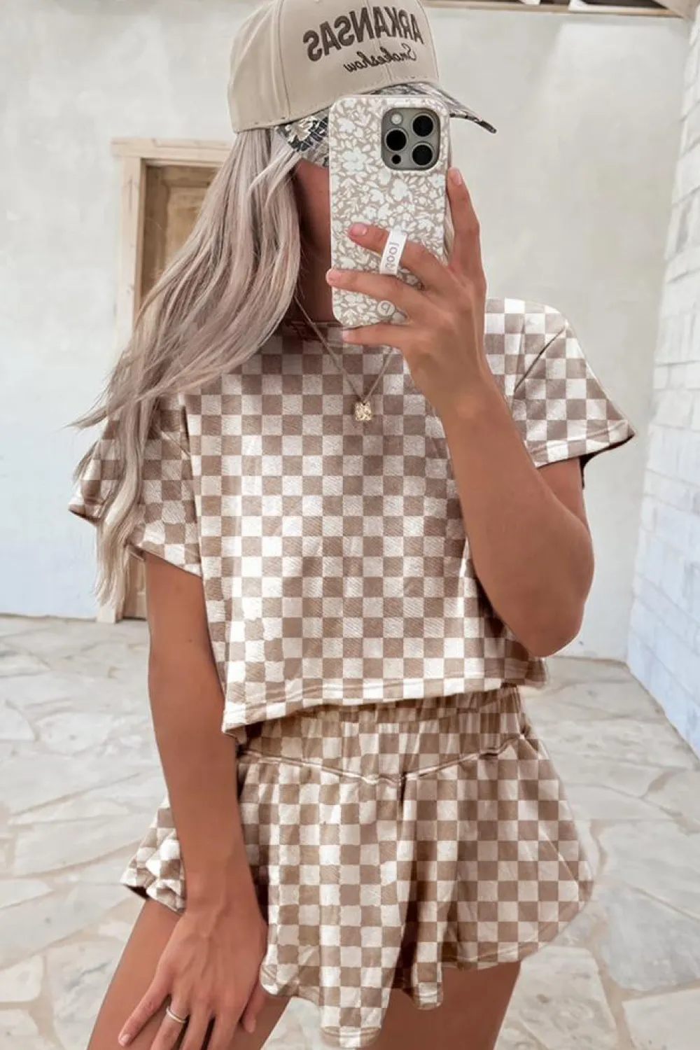 New Dear-Lover Checkerboard T Shirt and High Waist Skorts 2 Piece Outfit Brown