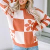 Online Dear-Lover Checkered Floral Print Striped Sleeve Sweater Brown